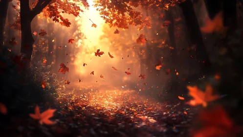 Emberleaf path glows beneath a storm of falling autumn light.