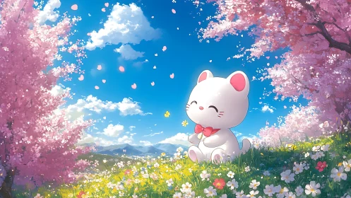 Blossom-bright kitten dreams under candyfloss cherry skies.