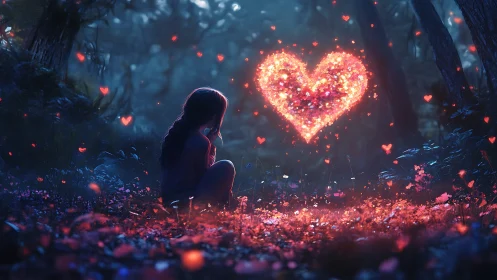 A solitary figure contemplates love in a magical heart-filled forest.