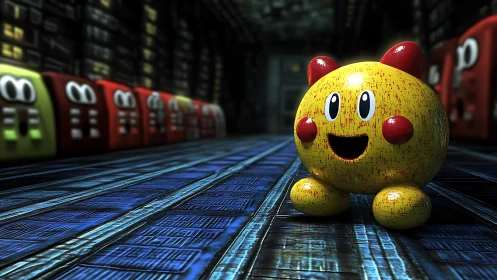 Cheerful yellow robot toy exploring a neon sci-fi hallway.