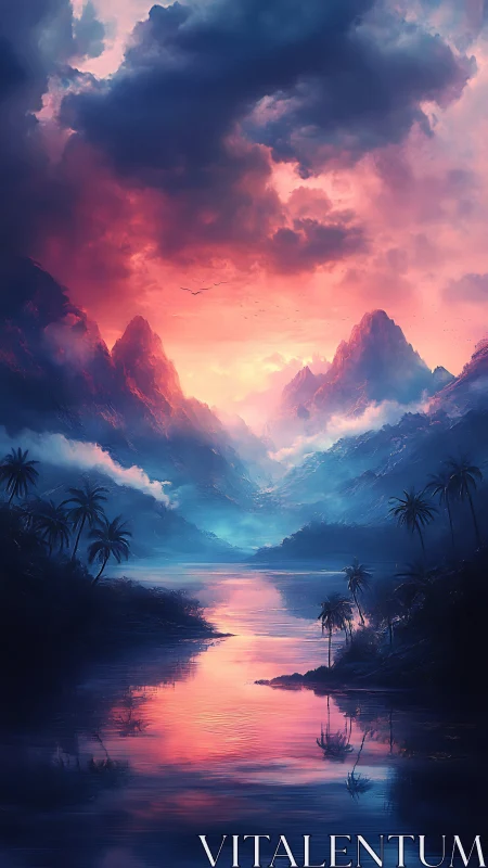 Radiant tropical fjord under volumetric sunset cloud canopy