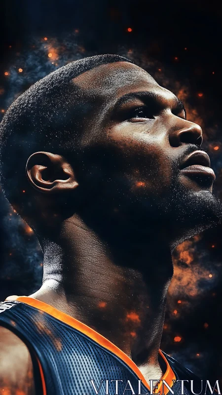 Hyperreal basketball portrait with glowing ember atmosphere