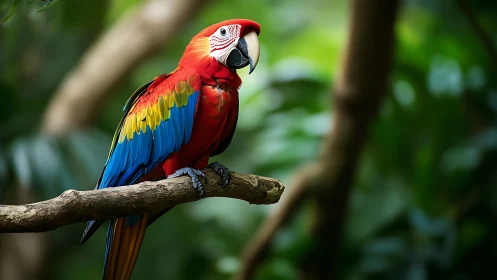 Vibrant Scarlet Macaw on Branch in Lush Rainforest, Photorealistic.