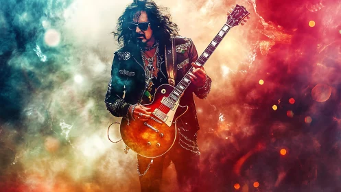 Electric guitar hero glowing in swirling concert lights.