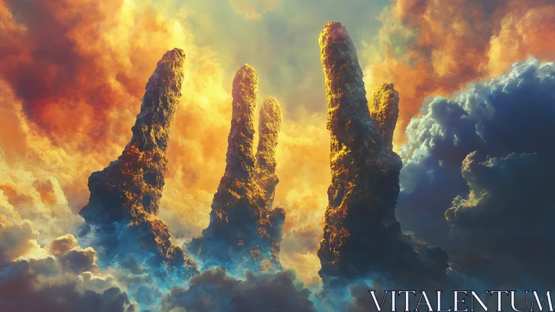 Skyward stone spires pierce radiant clouds at sunrise.