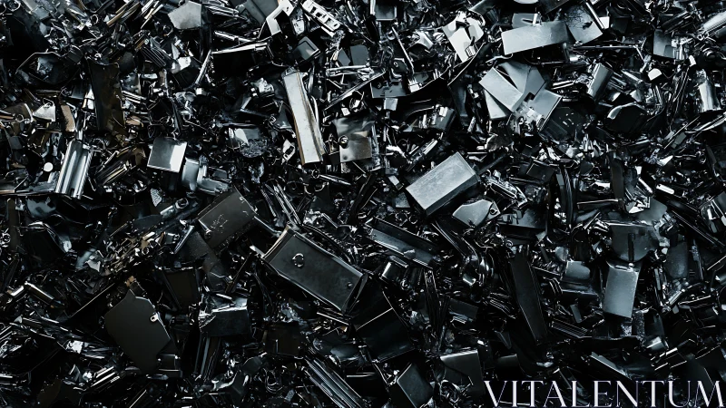 Shiny black metal scrap field under hard industrial lighting.