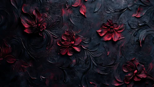 Crimson floral relief over deep textured black ground.
