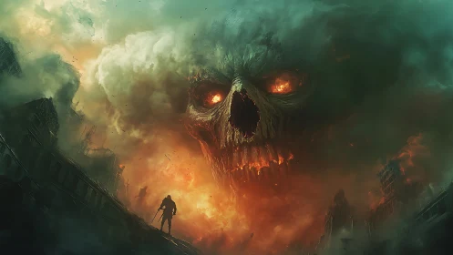 Skullstorm Over Ruined City, where fire learns to speak.