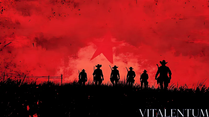 Cowboy silhouettes advancing under a bold crimson star.