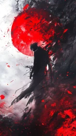 Silhouetted warrior dissolves before vast red eclipse sun