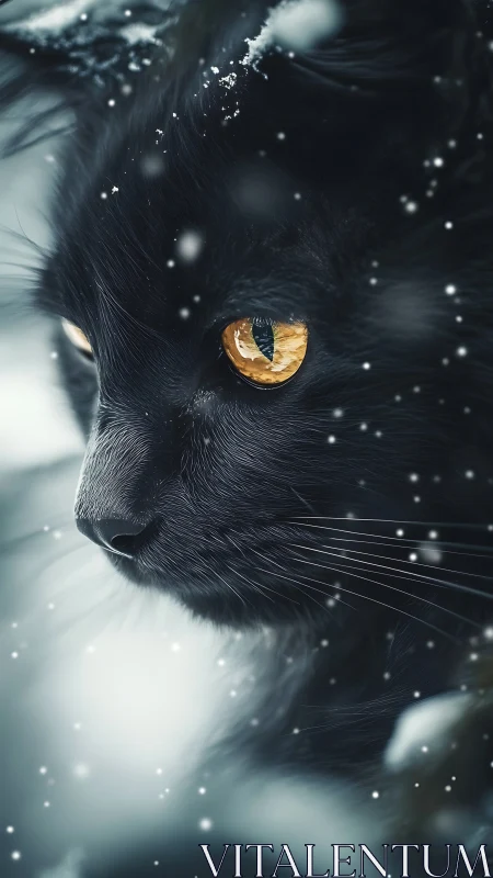 Black Cat with Golden Eyes in Snowy Atmosphere