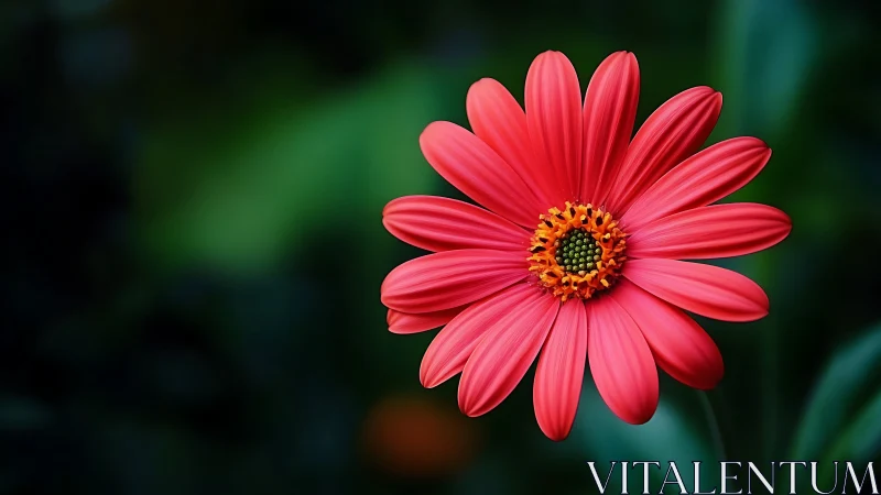 Red Gerbera Daisy in Sharp Focus Against Green Blur.
