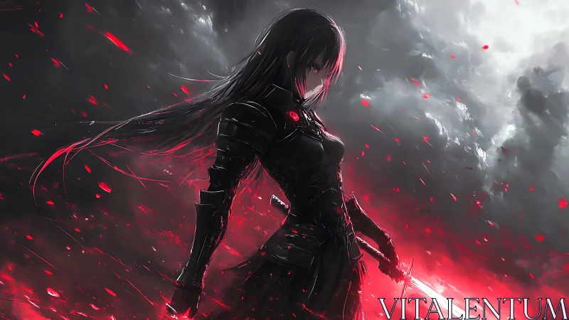 Crimson storm knight ignites a shadowed battlefield of embers.