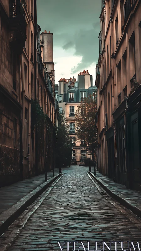 Quiet Parisian alleyway glows softly under brooding skies