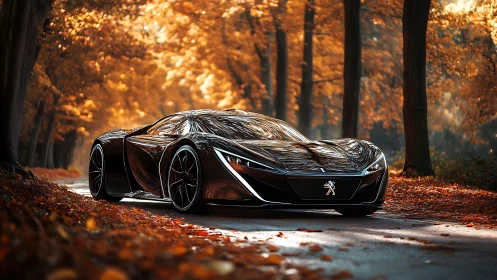 Sleek black sports car gliding through a golden autumn road.
