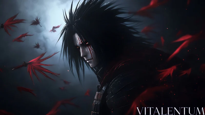 Dark haired warrior with red eyes amid drifting petals.