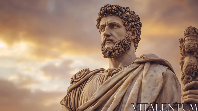 Marble statue of robed bearded man stands against sunset sky