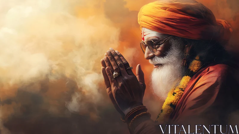 Mystic elder in saffron robes within glowing incense clouds.