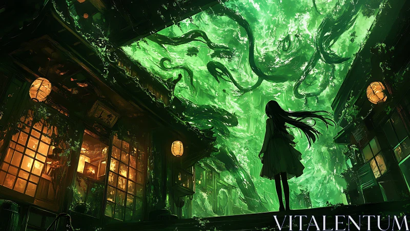 Silhouetted figure observes luminous green vortex above alley