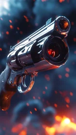 Chrome revolver hangs in embers, reflecting stormfire glow