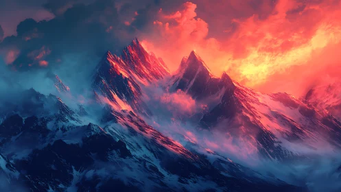 Mountain peaks glow under intense red sunset light