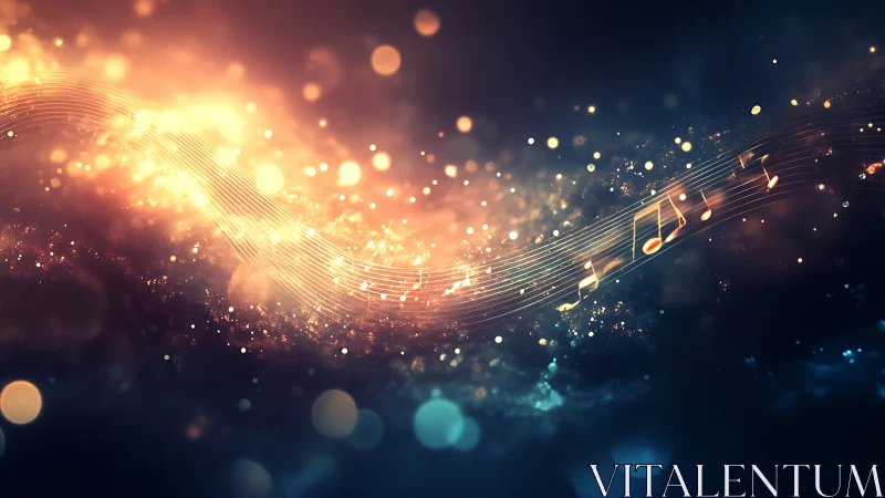 Glowing music notes on swirling light wave in darkness.