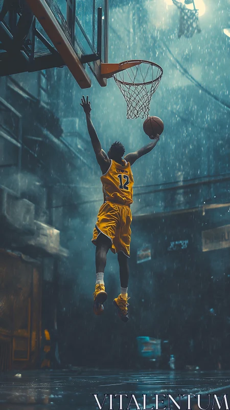 Rain-soaked street hooper rises toward a blazing urban rim.
