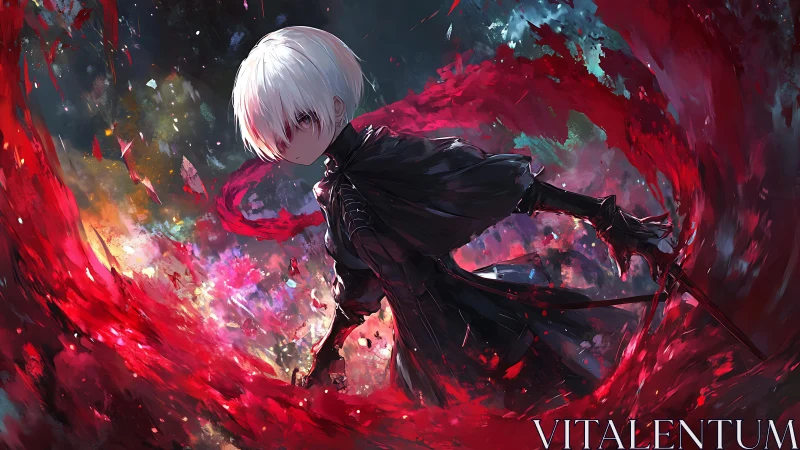 White haired anime swordsman bends crimson energy vortex