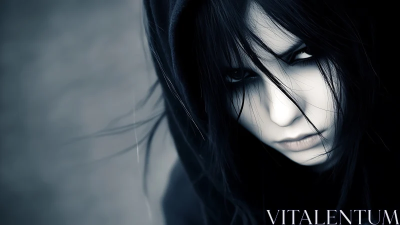 Monochrome close-up shows hooded figure with obscured gaze