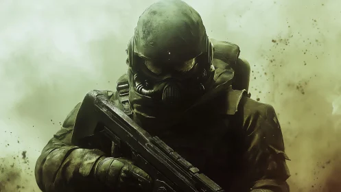 Armored tactical soldier with rifle in dust-filled scene.