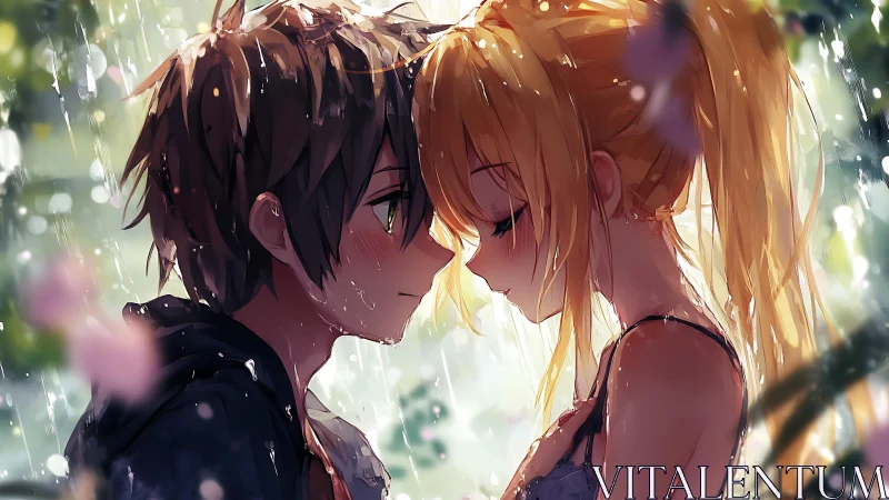 Anime couple under gentle rain in intimate close embrace.