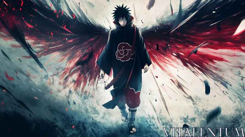 Dark winged anime figure walking through swirling chaos.