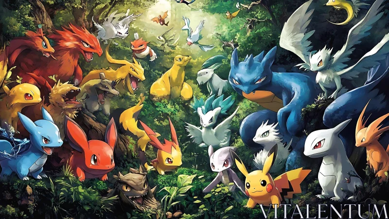 Elemental forest standoff of vivid battling creatures.