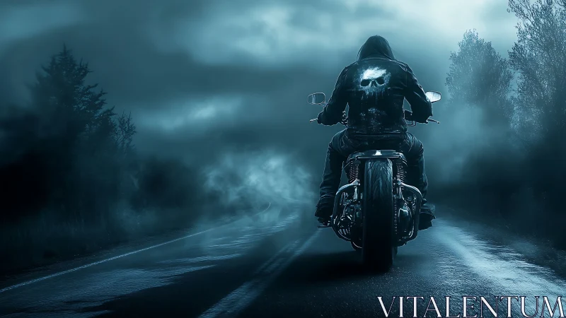 Hooded motorcyclist rides wet highway through dense blue fog at night