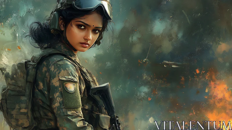 Indian woman soldier stands poised in a fiery battlefield.