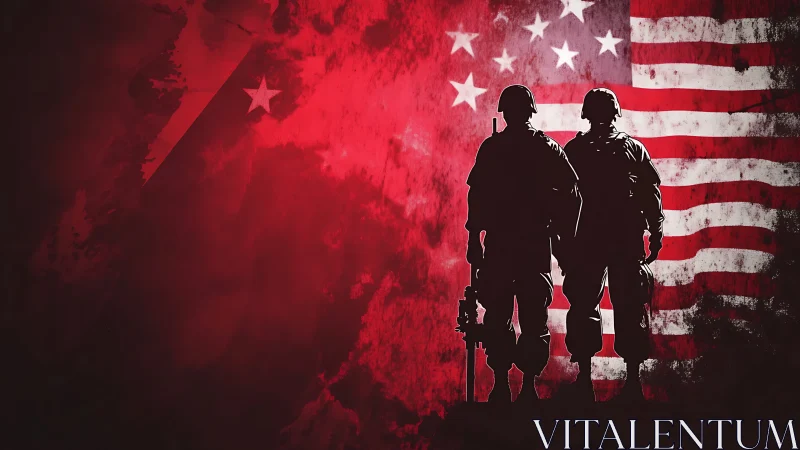 Silhouetted soldiers stand against distressed American flag backdrop