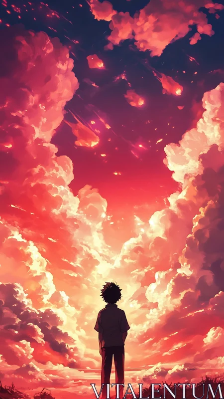 Dreamy sunset sky with a lone silhouette watching in wonder.