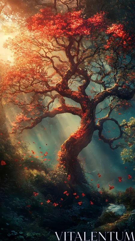 Backlit crimson tree with volumetric forest light scattering