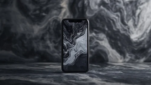Monochrome marble smartphone standing in a swirling void.