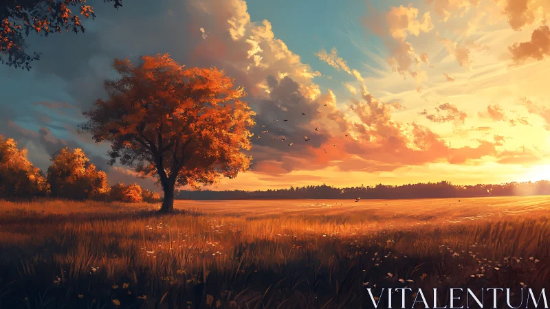 Tree and open field under low sun and scattered clouds.