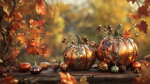 Metallic pumpkins arranged on wooden surface in autumn light