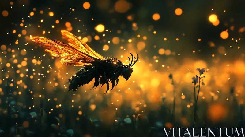 Fantasy firefly creature over glowing meadow at dusk.