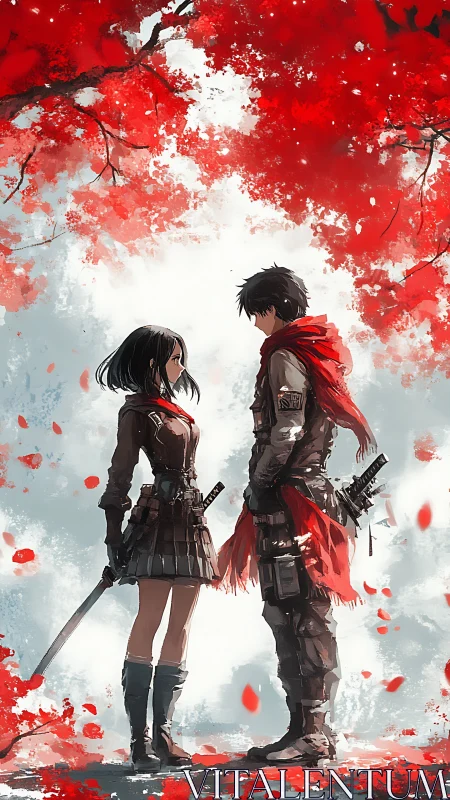 Dual katana sentinels beneath saturated vermilion canopy.