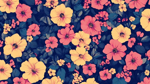 Vibrant Floral Garden with Pink, Yellow, and Navy Blooms.