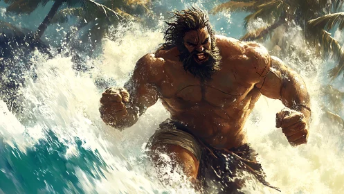 Bearded warrior storms tropical surf with primal fury.