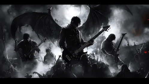 Monochrome rock band performs before winged demonic figure