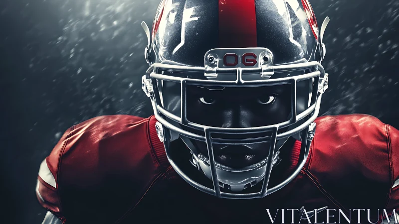 Focused American football player in helmet and pads.