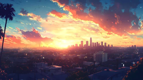 Neon sunset washes a futuristic city skyline in warm glow