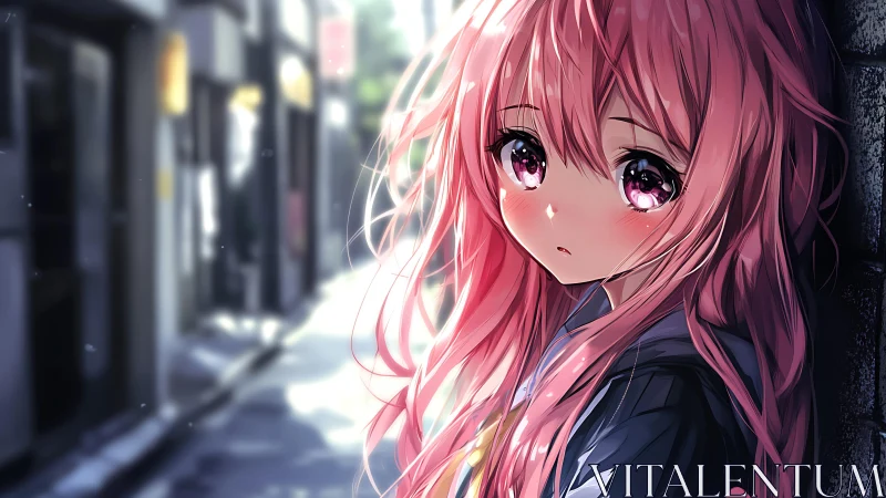 Melancholic pink haired schoolgirl gazes down empty alley