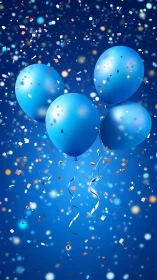 Four blue balloons floating among colorful confetti particles